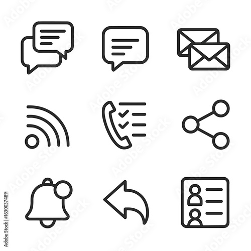 Communication Icons Grid. Outline icon set of trace in communication: message thread, chat bubble, email chain, signal waves, call