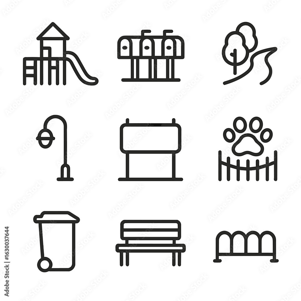 Community Icon Set. Outline icon set of residential community: playground, mailbox row, walking path, street lamp, neighborhood Community Icon Set. Outline icon set of residential community: playground, mailbox row, walking path, street lamp, neighborhood