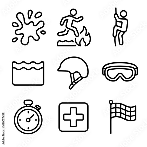 Extreme Race Icons. Outline icon set of extreme obstacle races: mud splash, fire jump, climbing rope, water