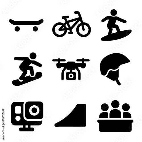 Extreme Sports Icons. Solid, filled icons set of extreme sports photography: skateboard, BMX bike, surfer,
