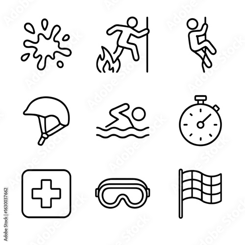 Extreme Race Icons. Outline icon set of extreme obstacle races: mud splash, fire jump, climbing rope, water