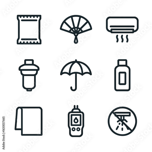 Dry Tools Icons. Outline icon set of dry tools and objects: desiccant pack, hand fan, air conditioner, water filter, umbrella,