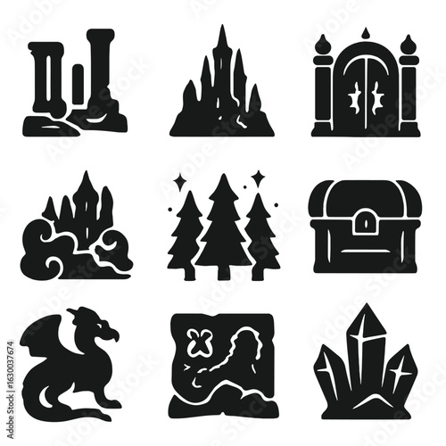Fabled Cities Icons. Solid, filled icons set of fabled cities: ancient ruins, towering spires, golden gates,