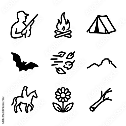 Dusk Silhouette Icons. Outline icon set of dusk silhouettes in dust: silhouetted hunter, distant firelight, shadowy tent, flying