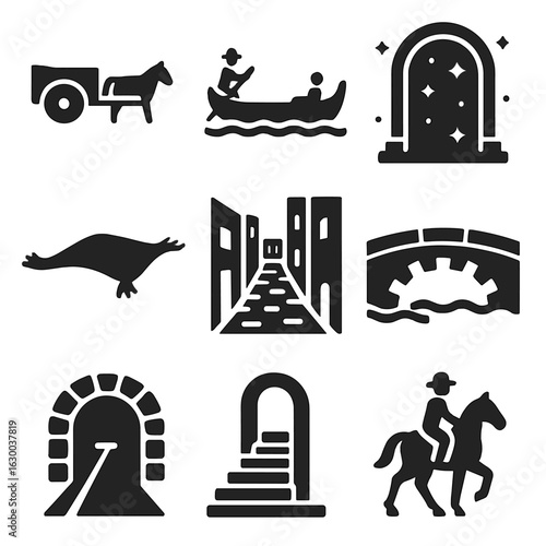 Fabled City Transport Icons. Solid, filled icons set of fabled city transportation: horse-drawn carts,