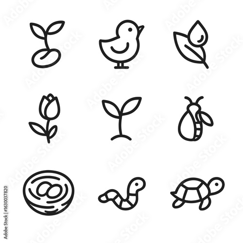 Nature Growth Icons. Outline icon set of early nature: sprouting seed, baby bird, morning dew, small flower bud, new leaf,