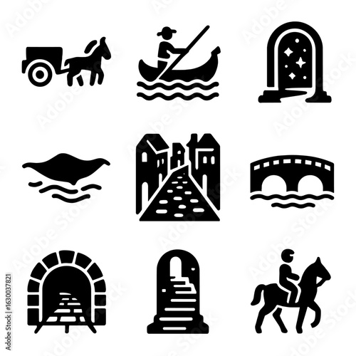 Fabled City Transport Icons. Solid, filled icons set of fabled city transportation: horse-drawn carts,