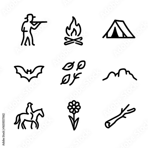 Dusk Silhouette Icons. Outline icon set of dusk silhouettes in dust: silhouetted hunter, distant firelight, shadowy tent, flying