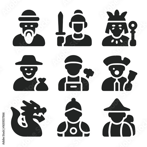 Fabled City Icons. Solid, filled icons set of fabled city inhabitants: wise elders, brave warriors, mystic