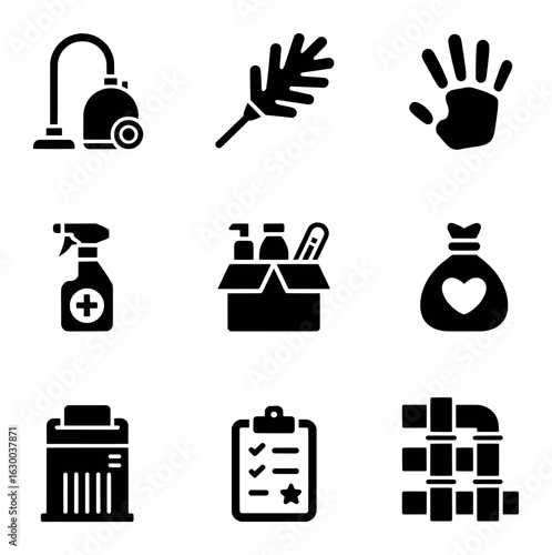 Cleaning service icons vacuum duster spray bottle checklist hand