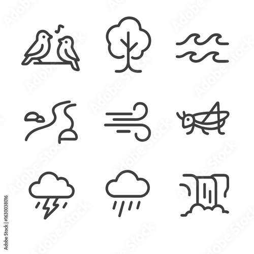 Nature Sounds Icons. Outline icon set of quiet sounds of nature: chirping birds, rustling trees, ocean waves, flowing river,