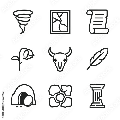 Dust to Icons. Outline icon set of dust to dust: dust devil, shattered mirror, old parchment, wilted rose, desert skull, fallen