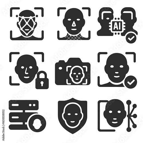Facial Recognition Icons. Solid, filled icons set of facial recognition systems: face scan grid, 3D face map,