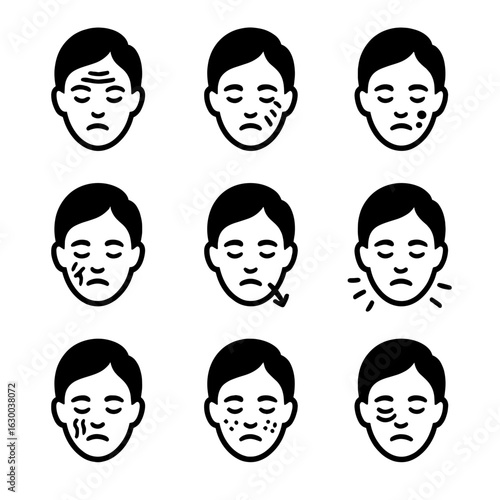 Facial Skin Icons. Solid, filled icons set of facial skin concerns: wrinkles, fine lines, dark spots, dryness,