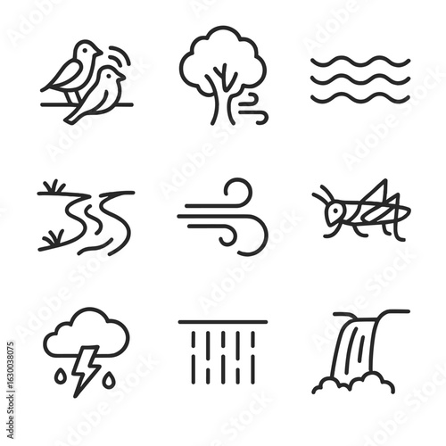 Nature Sounds Icons. Outline icon set of quiet sounds of nature: chirping birds, rustling trees, ocean waves, flowing river,