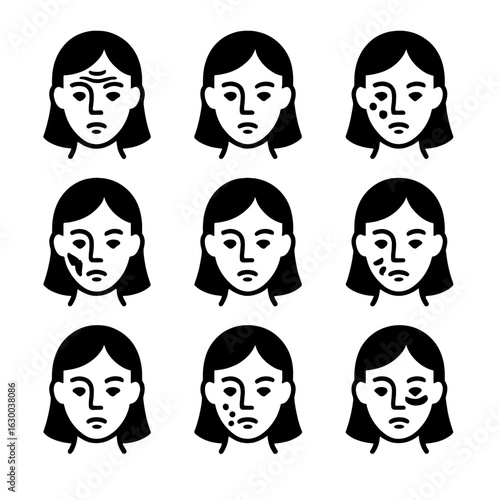 Facial Skin Icons. Solid, filled icons set of facial skin concerns: wrinkles, fine lines, dark spots, dryness,
