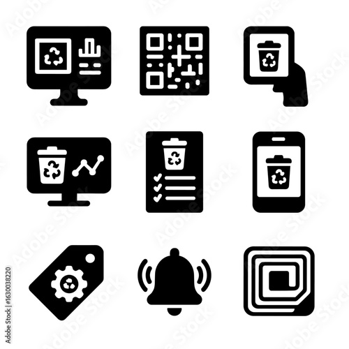 Factory Waste Icons. Solid, filled icons set of factory waste tracking technologies: digital dashboard, QR