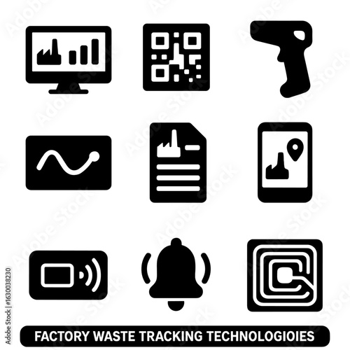 Factory Waste Icons. Solid, filled icons set of factory waste tracking technologies: digital dashboard, QR