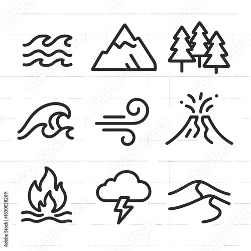 Nature's Raw Icons. Outline icon set of untamed nature: raging river, towering mountain, dense forest, crashing waves, swirling