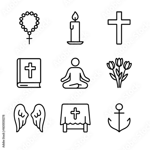 Faith Rituals Icon Set. Outline icon set of Faith and mourning rituals: prayer beads, vigil candle, crucifix,