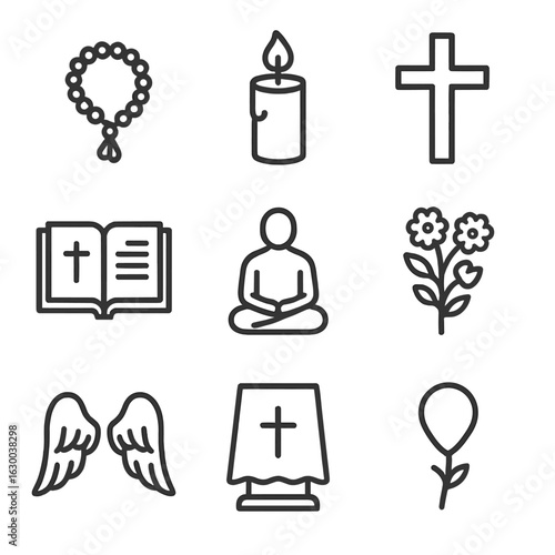 Faith Rituals Icon Set. Outline icon set of Faith and mourning rituals: prayer beads, vigil candle, crucifix,