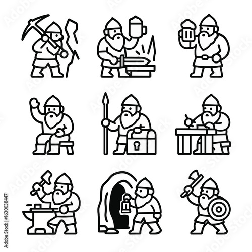 Dwarf Activity Icons. Outline icon set of dwarf activities: mining, forging, drinking ale, storytelling, guarding treasure,