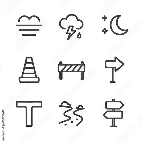 Navigation Challenge Icons. Outline icon set of navigation challenges: fog, storm, night, obstacle, blocked path, detour, dead end