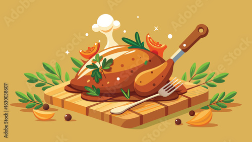 Illustration of a roasted turkey on a wooden board with garnish and carving utensils presented beautifully