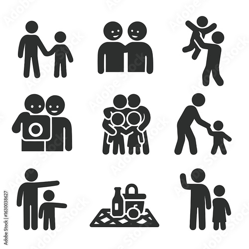 Family Bonding Icons. Solid, filled icons set of family bonding moments: holding hands, shared laugh, parent