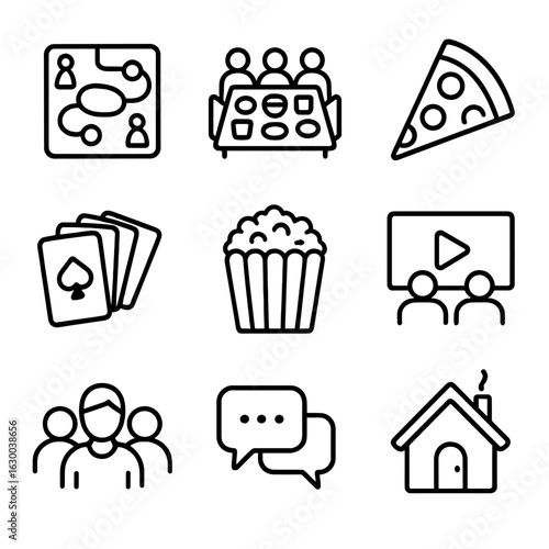 Family Bonding Icons. Outline icon set of family bonding activities: board game, dinner table, pizza slice,