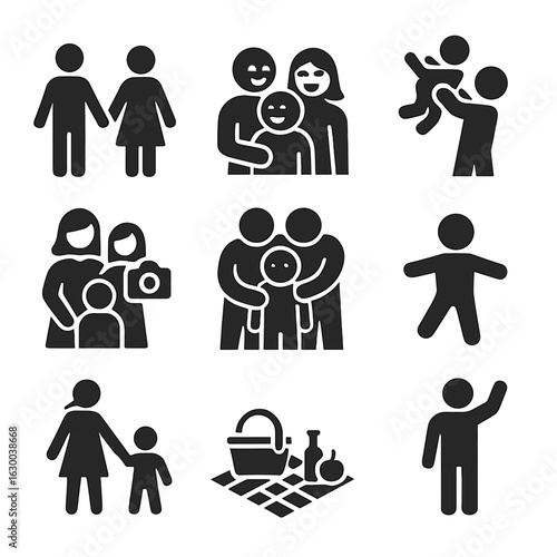 Family Bonding Icons. Solid, filled icons set of family bonding moments: holding hands, shared laugh, parent