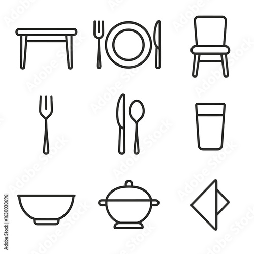 Family Dinner Icons. Outline icon set of family dinner: dining table, plates, forks, knives, spoons, serving