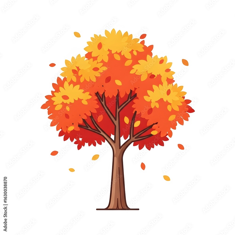 Fototapeta premium Autumn Tree Illustration with Falling Leaves in Warm Yellow and Orange Tones