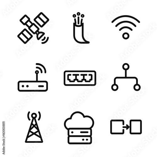 Network Icon Set. Outline icon set of telecommand network: satellite link, fiber optic cable, wireless connection, router, switch,