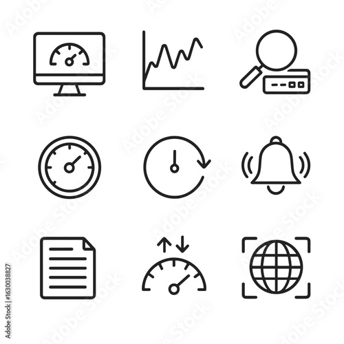 Network and Chain Icons. Outline icon set of network monitoring: dashboard screen, traffic graph, packet sniffing tool, latency