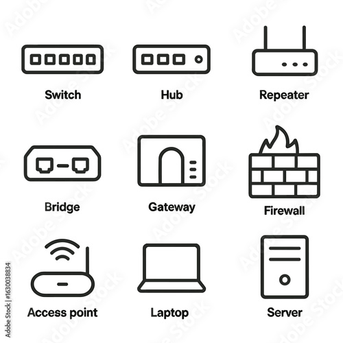 Network Component Icons. Outline icon set of router network components: switch, hub, repeater, bridge, gateway, firewall, access