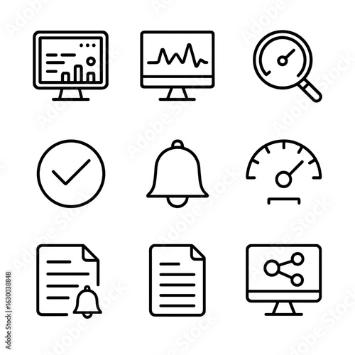 Network and Chain Icons. Outline icon set of network monitoring: dashboard screen, traffic graph, packet sniffing tool, latency