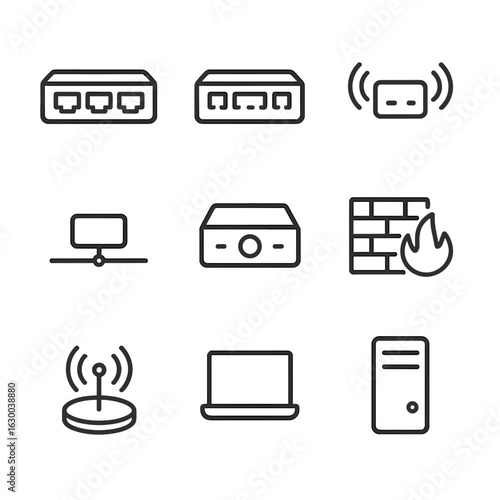 Network Component Icons. Outline icon set of router network components: switch, hub, repeater, bridge, gateway, firewall, access