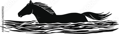 Vector art of a dark horse gracefully swims through the water creating a striking silhouette against the clear background