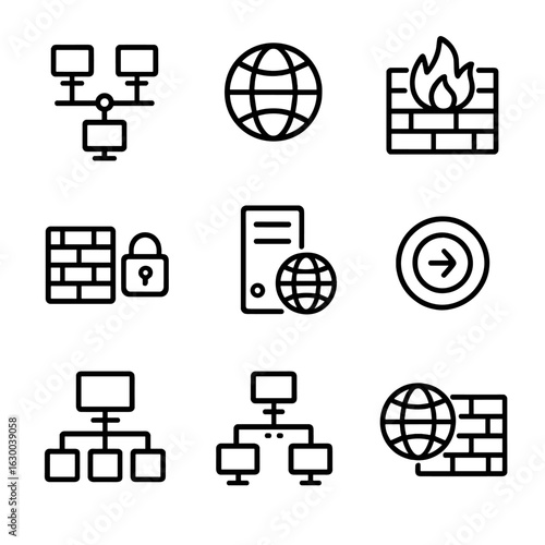 Networking Icons Grid. Outline icon set of firewall networking: LAN, WAN, DMZ, VPN tunnel, proxy server, gateway, subnet, VLAN,