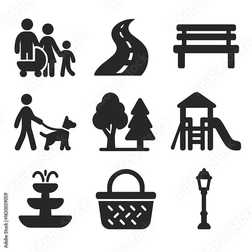 Family Park Icons. Solid, filled icons set of going for a family walk in the park: family with stroller,