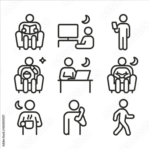 Night Activities Icons. Outline icon set of night activities: reading book, watching TV, smartphone, eating snacks, working on