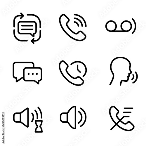Echo Communication Icons. Outline icon set of echo in communication: repeat message, voice call, voicemail, speech bubble, chat