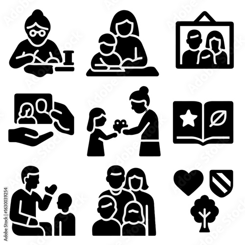 Family Traditions Icons. Solid, filled icons set of family traditions: grandmother sewing, mother teaching,
