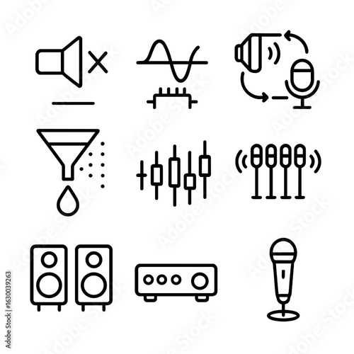Echo Technology Icons. Outline icon set of echo in technology: echo cancellation, signal processing, feedback loop, sound filter,
