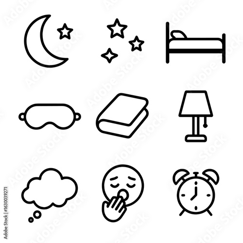 Night Rest Icons. Outline icon set of night rest: moon, stars, bed, sleep mask, blanket, night lamp, dream cloud, yawning face,