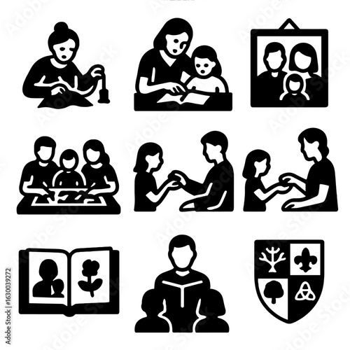 Family Traditions Icons. Solid, filled icons set of family traditions: grandmother sewing, mother teaching,