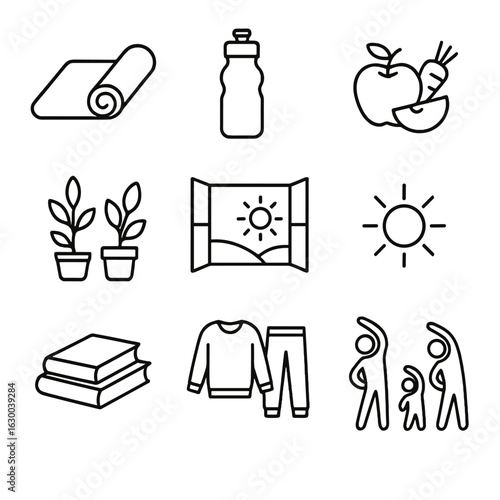 Family Wellness Icons. Outline icon set of family wellness time: yoga mat, water bottle, healthy food, plants,