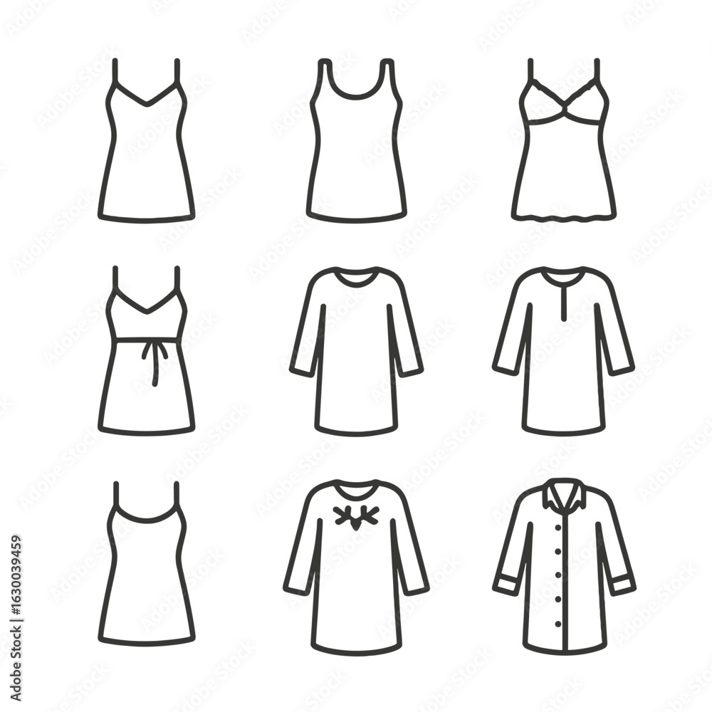 Nightgown Icon Set. Outline icon set of nightgown styles: silk nightgown, cotton nightgown, lace nightgown, satin nightgown, Nightgown Icon Set. Outline icon set of nightgown styles: silk nightgown, cotton nightgown, lace nightgown, satin nightgown,
