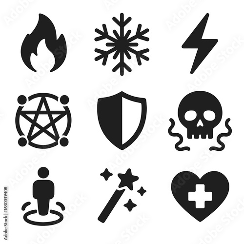 Fantasy Spell Icons. Solid, filled icons set of fantasy magic spells: fire spell, frost spell, lightning spell